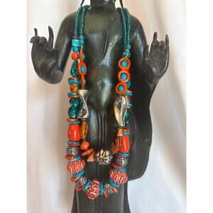 Boho Multi-Strand Statement Necklace – Turquoise & Orange Tribal Style